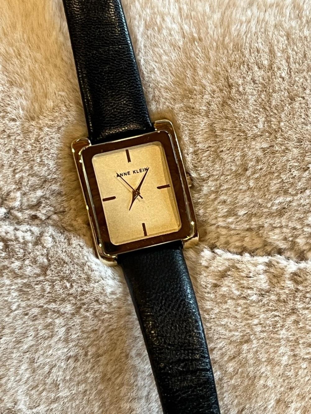 Anne Klein Black Leather Strap Gold-Tone Rectangular Watch
